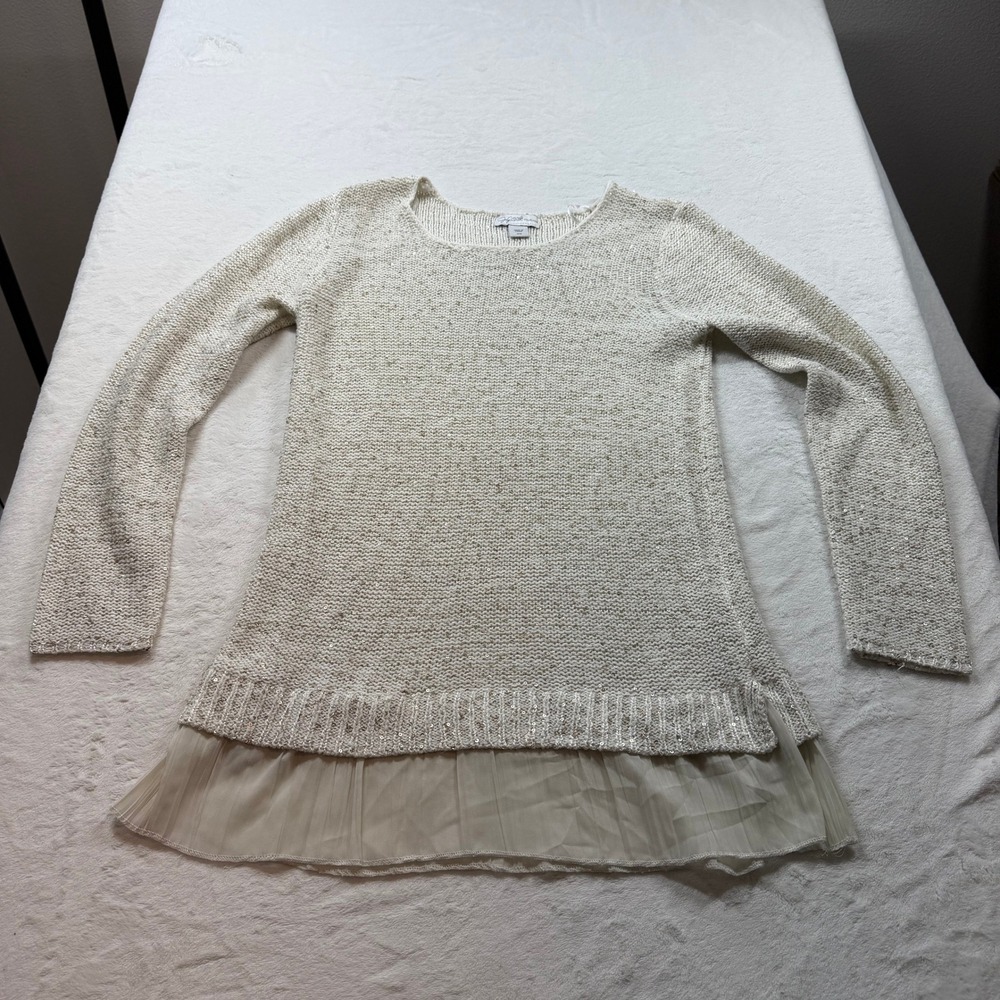 August Silk Sequin Layered Sweater Womens Medium Cream Good Chiffon Hem Trim‎